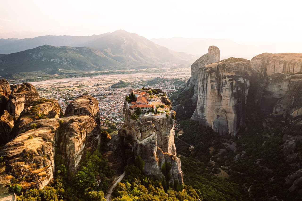 Meteora rocks rising above the plain